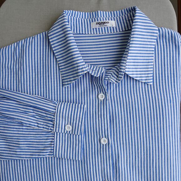 Zeagoo Blue Striped Button-up Shirt L unisex classic office long sleeve collar - Picture 1 of 11